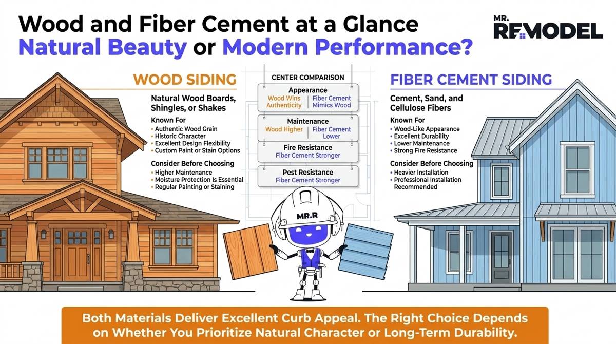 Editorial architecture spread comparing wood siding and fiber cement siding through appearance, maintenance, durability, and homeowner priorities.